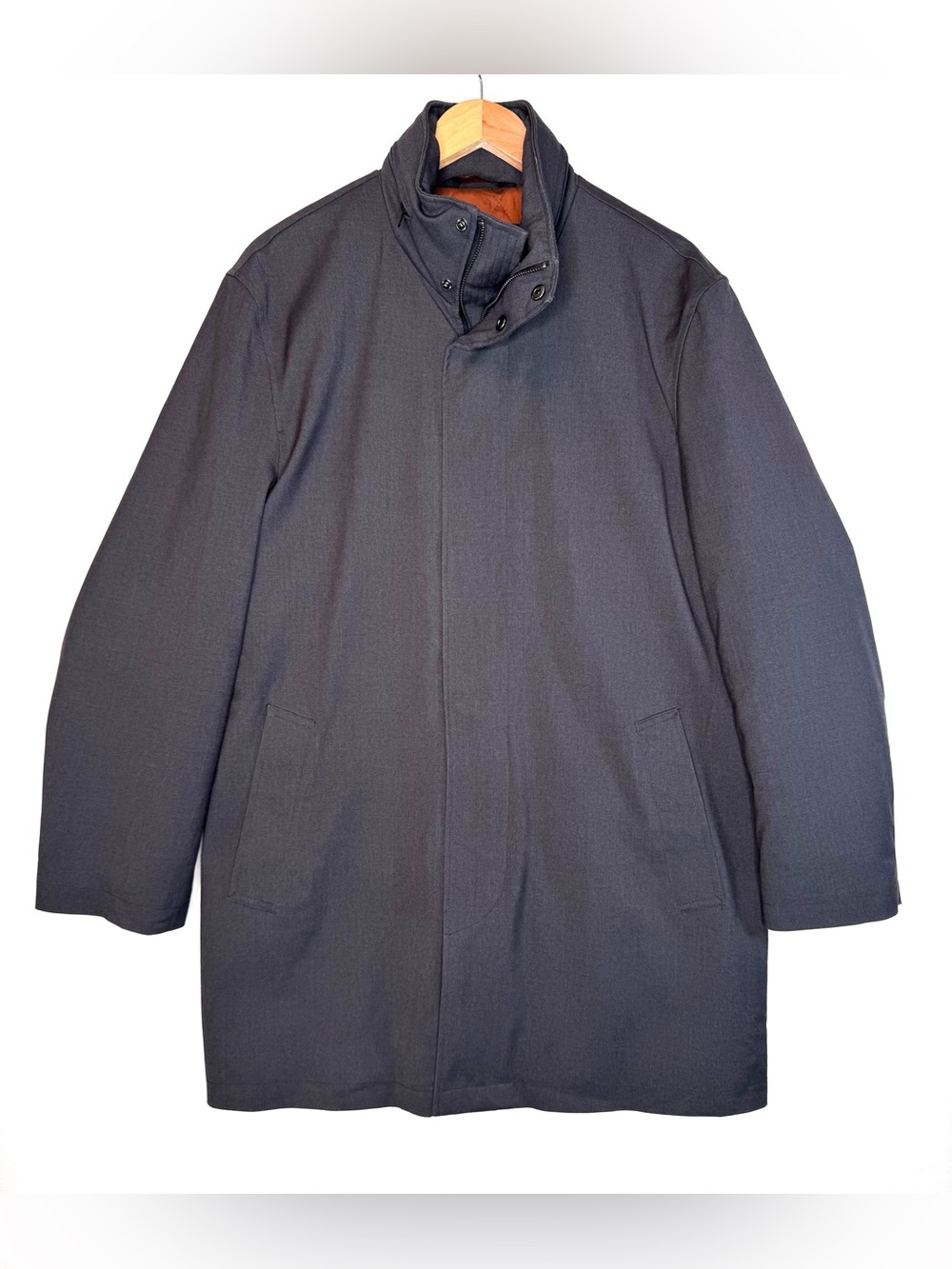 Jos. A. Bank Charcoal Gray Overcoat size 38 short quilted lining, hidden hood